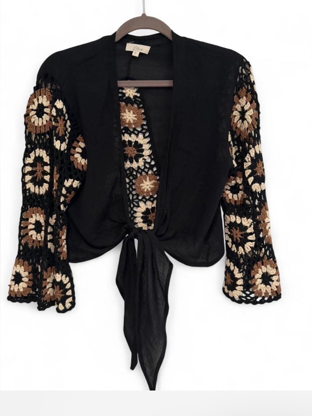 ELAN BLACK CROCHET LONG SLEEVE TIE FRONT BROWN BEIGE FLORAL EMBROIDERY MEDIUM
